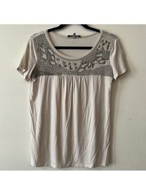 Weekend Maxmara Embellished Beaded Scoop Meck Flowy Jersey Short Sleeve T-Shirt
